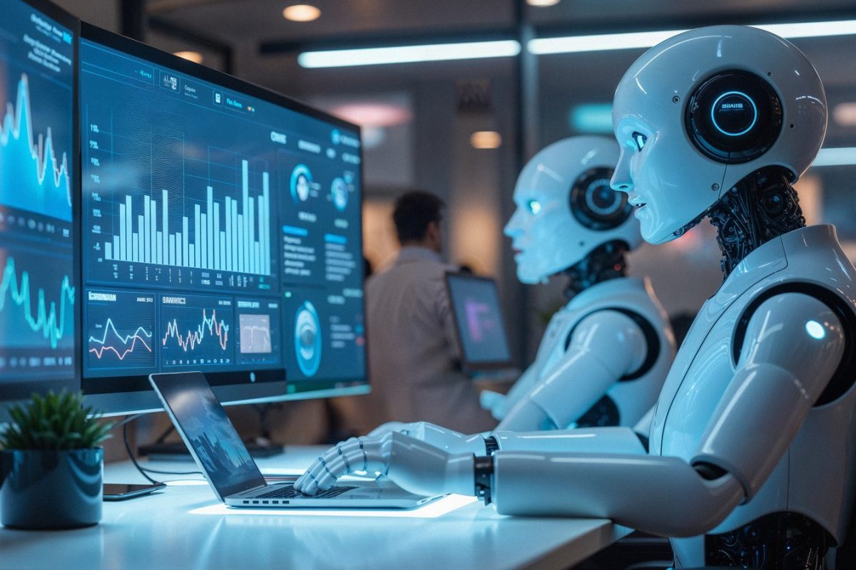 Robots humanoïdes travaillant sur un ordinateur portable devant des écrans de tableaux de bord, illustration des agents IA et de la RPA dans le back-office