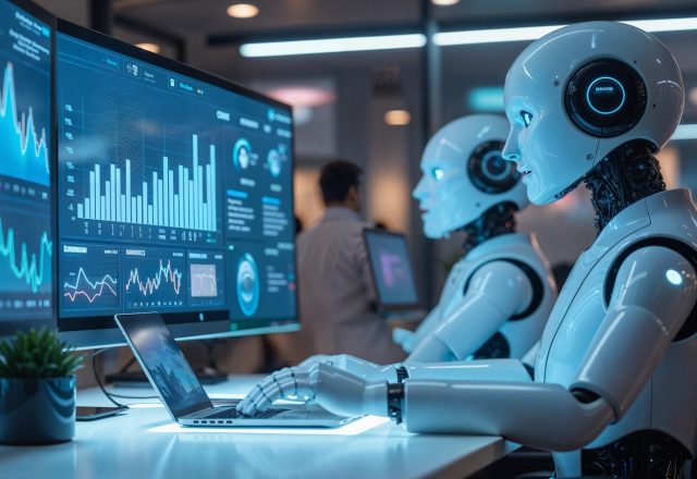 Robots humanoïdes travaillant sur un ordinateur portable devant des écrans de tableaux de bord, illustration des agents IA et de la RPA dans le back-office