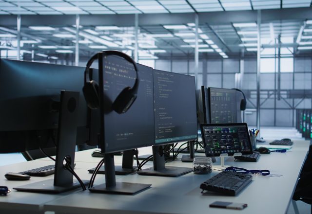 Postes de travail avec écrans de code et de supervision devant une salle de serveurs, illustration du monitoring d’AI Mode
