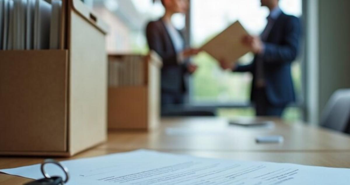 Reprise de site SEO : boîte d’archives, trousseau de clés et constat signé sur la table lors d’une passation entre agences