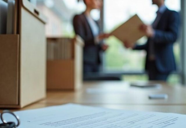 Reprise de site SEO : boîte d’archives, trousseau de clés et constat signé sur la table lors d’une passation entre agences
