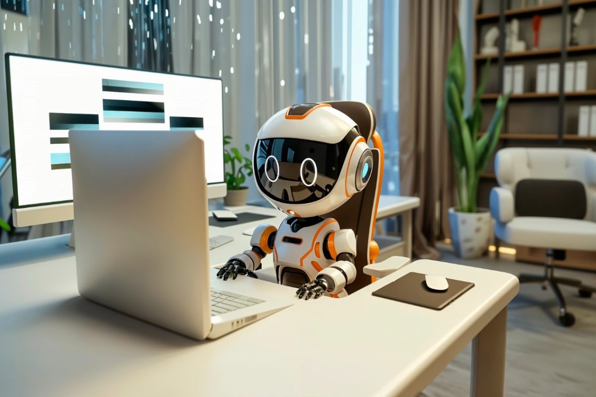 Petit robot assis à un bureau devant un ordinateur portable