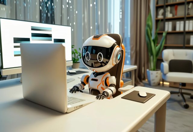 Petit robot assis à un bureau devant un ordinateur portable