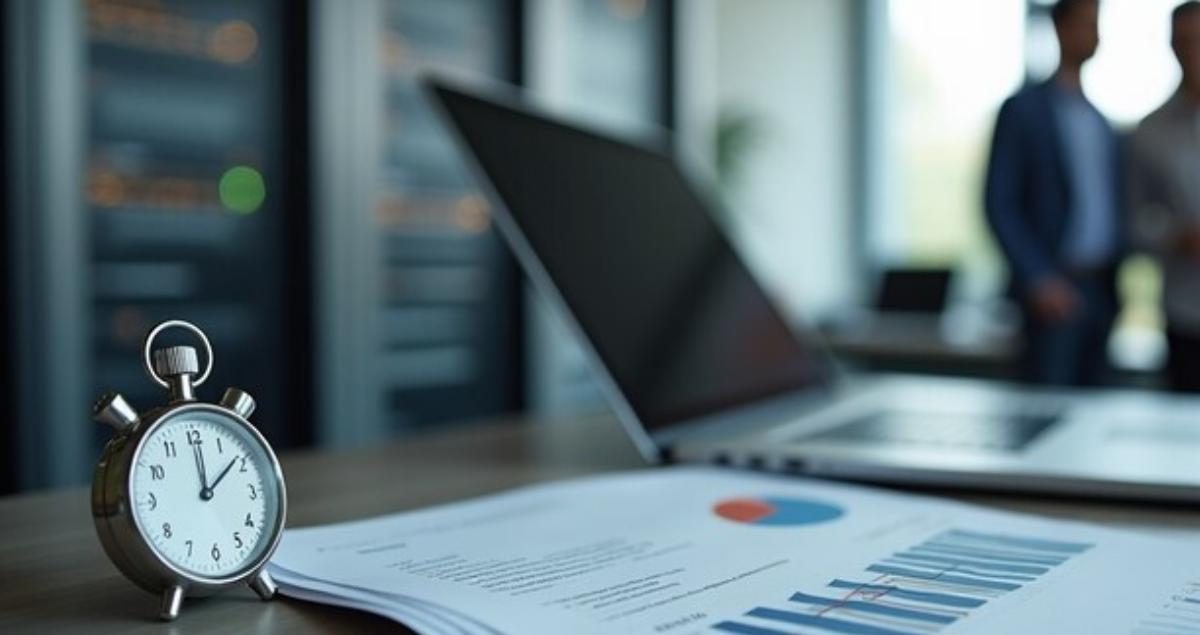 Core Web Vitals : un chronomètre posé près d’un rapport de performance, entre baie de serveurs et poste de travail