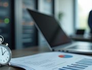Core Web Vitals : un chronomètre posé près d’un rapport de performance, entre baie de serveurs et poste de travail