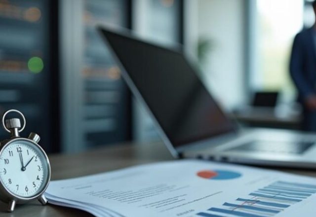 Core Web Vitals : un chronomètre posé près d’un rapport de performance, entre baie de serveurs et poste de travail
