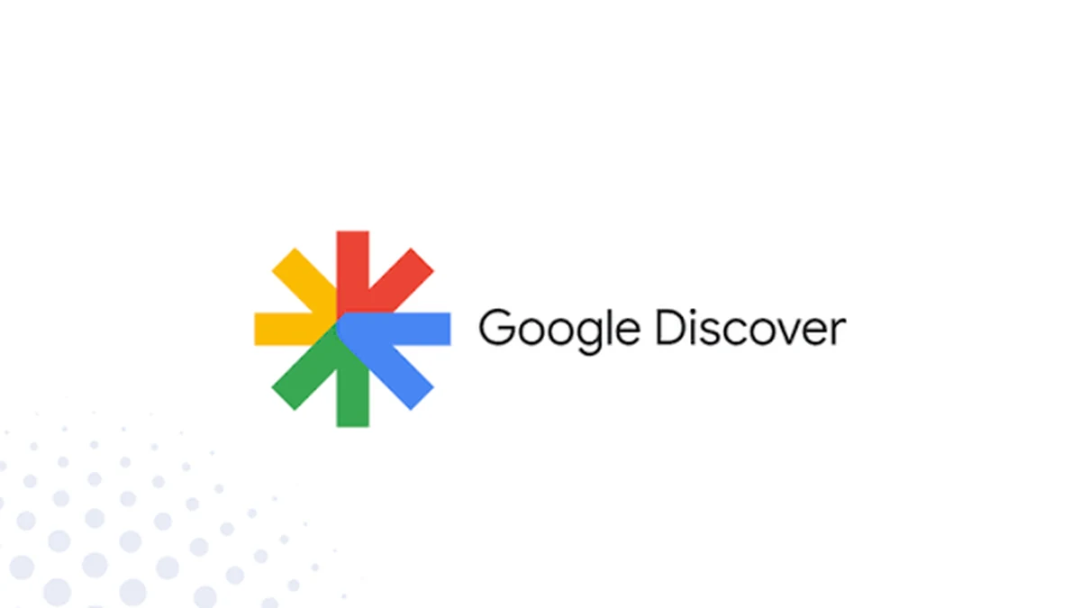 Logo de Google Discover sur fond blanc, avec un motif de points en bas à gauche