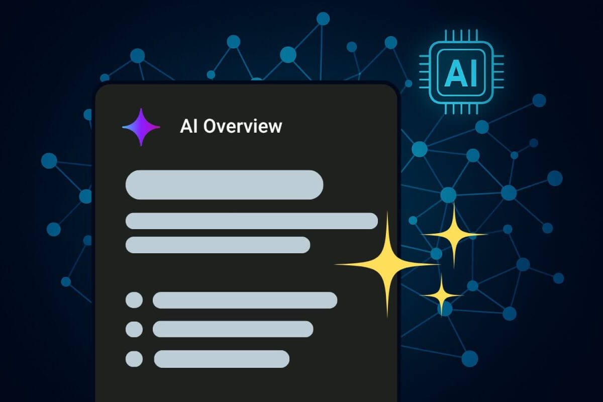 Illustration d’un aperçu AI Overview de Google sur fond de réseau de données