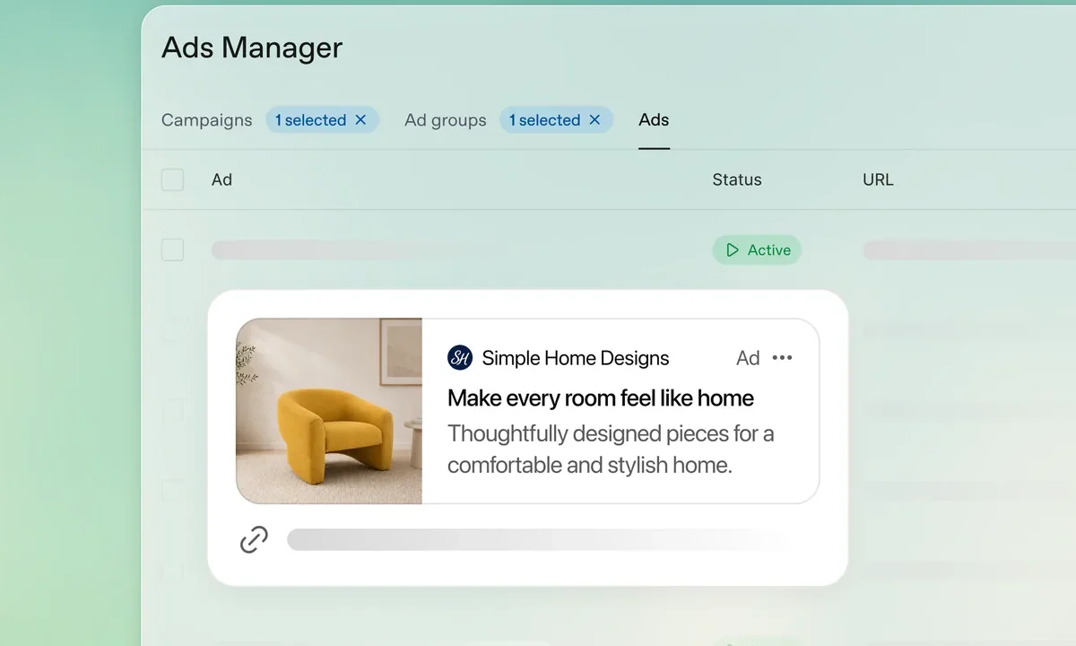 Interface Ads Manager avec l’aperçu d’une annonce ChatGPT pour une marque de mobilier, statut actif