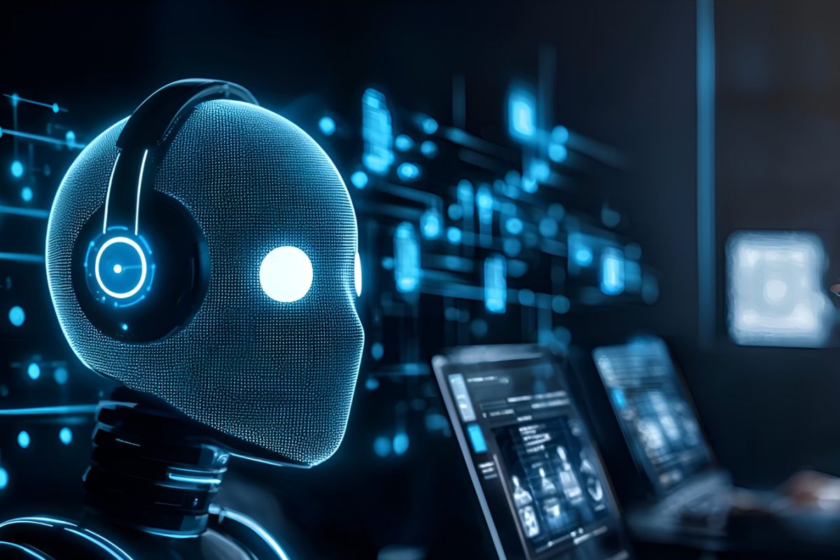 Robot doté d'un casque face à des écrans de données, image d'un assistant de recherche IA