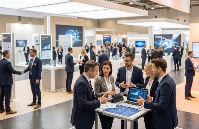 Échange entre professionnels sur un salon B2B, illustration des salons de l’externalisation en 2027