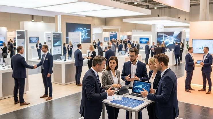 Échange entre professionnels sur un salon B2B, illustration des salons de l’externalisation en 2027