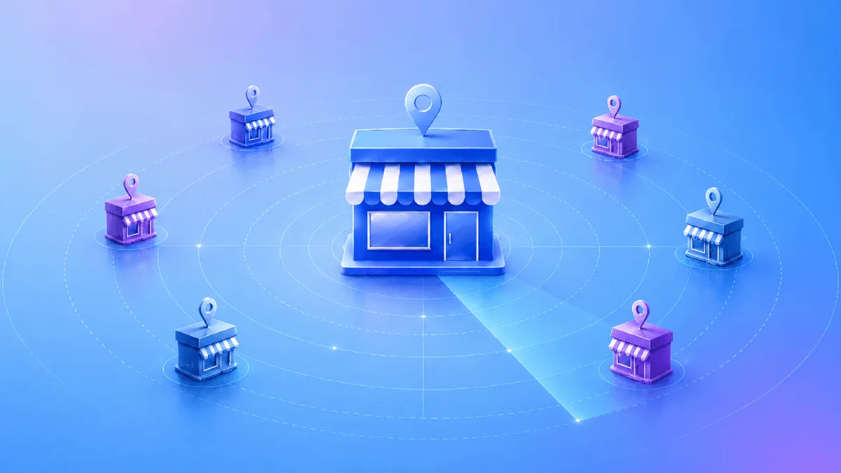 Illustration d’une boutique centrale marquée d’un repère de position, entourée de commerces plus petits sur des cercles concentriques