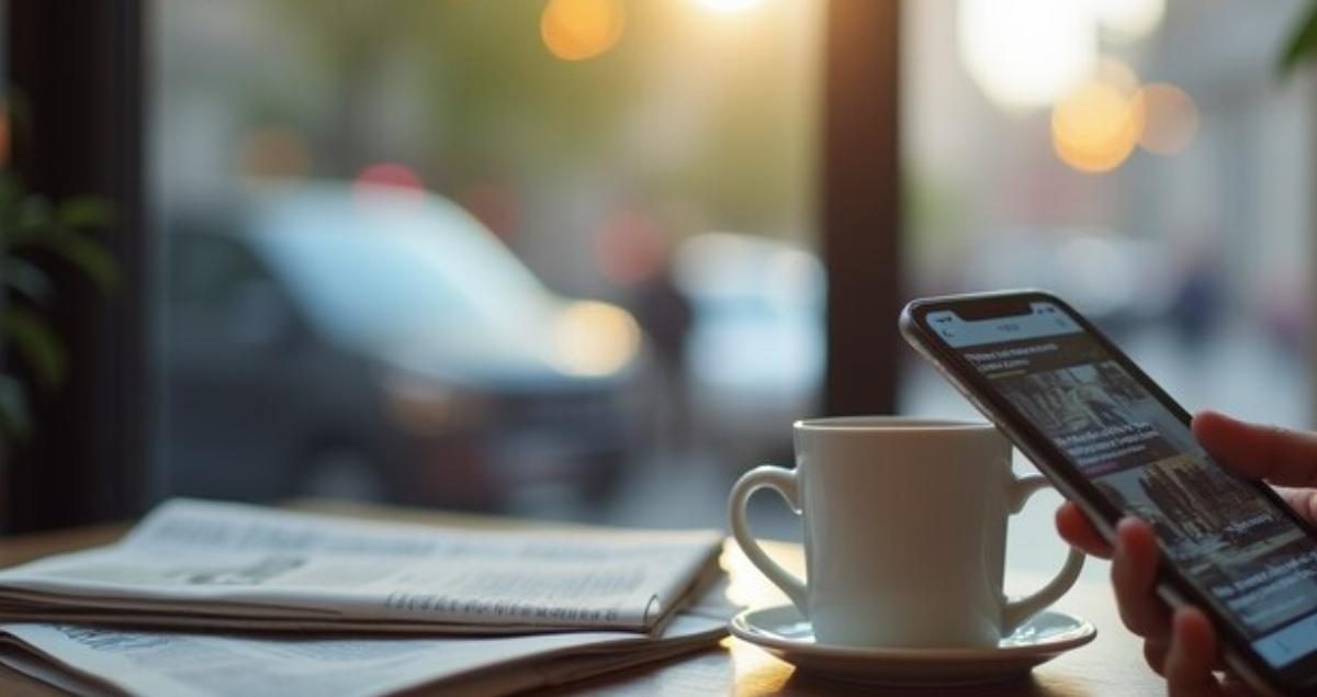 Sources préférées Google : un lecteur parcourt un fil d’actualités sur son téléphone à la table d’un café