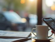 Sources préférées Google : un lecteur parcourt un fil d’actualités sur son téléphone à la table d’un café
