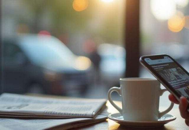 Sources préférées Google : un lecteur parcourt un fil d’actualités sur son téléphone à la table d’un café