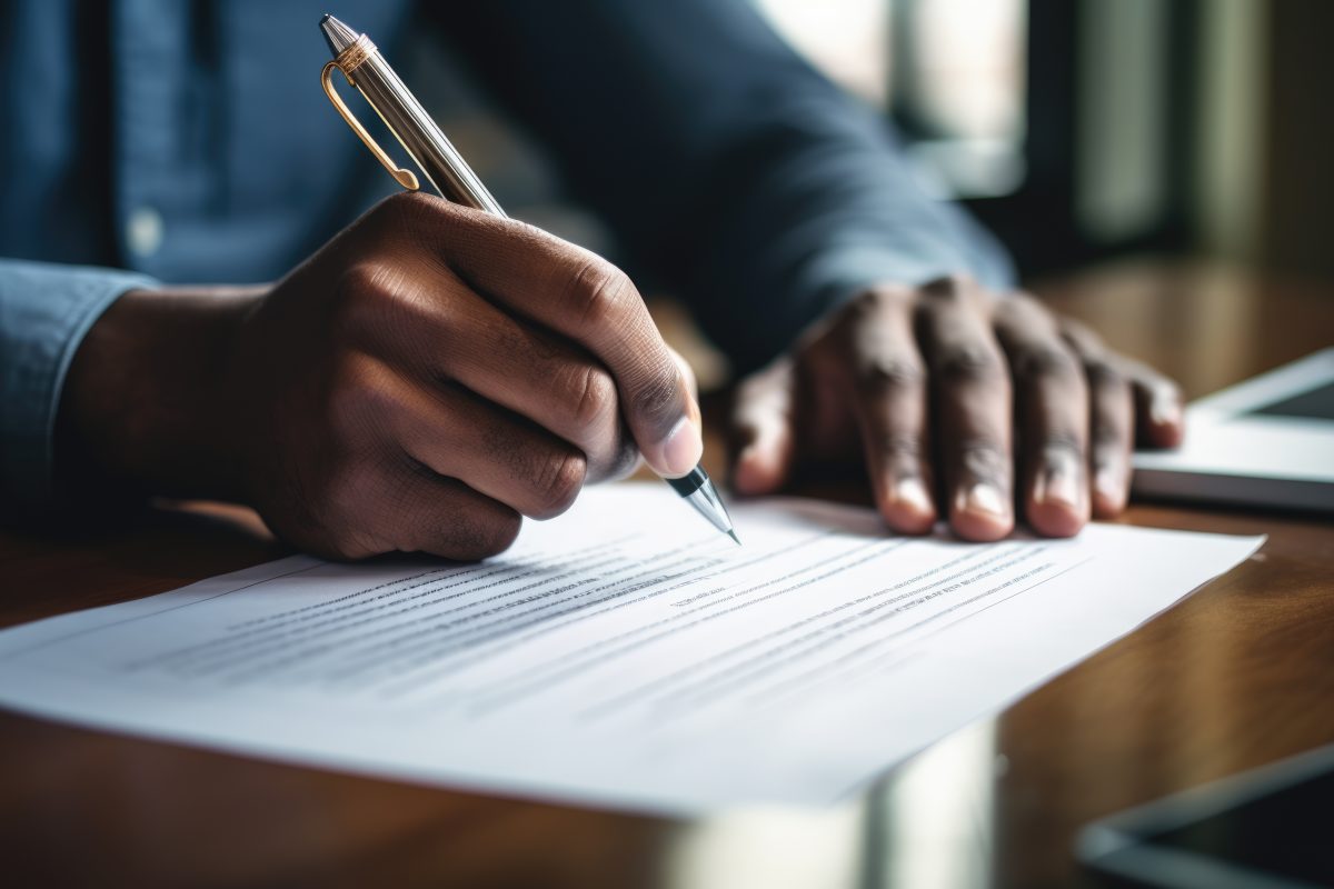 Mains d'un homme signant un contrat de travail sur un bureau
