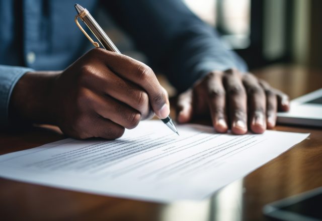 Mains d'un homme signant un contrat de travail sur un bureau