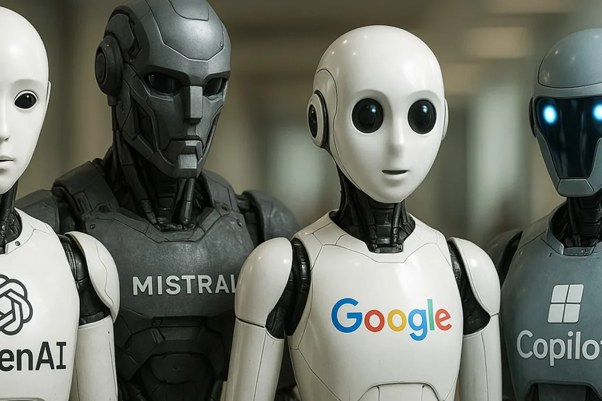 Quatre robots humanoïdes portant les logos d’OpenAI, Mistral, Google et Copilot, alignés dans un couloir de bureaux