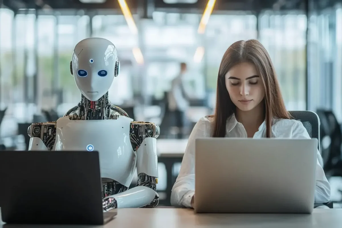 Robot humanoïde et femme travaillant côte à côte sur des ordinateurs portables dans un bureau