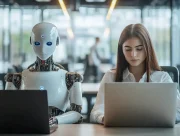 Robot humanoïde et femme travaillant côte à côte sur des ordinateurs portables dans un bureau