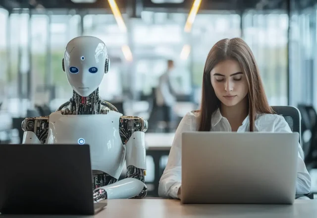 Robot humanoïde et femme travaillant côte à côte sur des ordinateurs portables dans un bureau