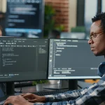 Développeur à lunettes travaillant sur un ordinateur portable devant deux écrans affichant du code