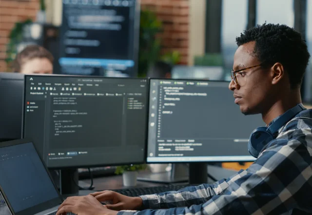Développeur à lunettes travaillant sur un ordinateur portable devant deux écrans affichant du code