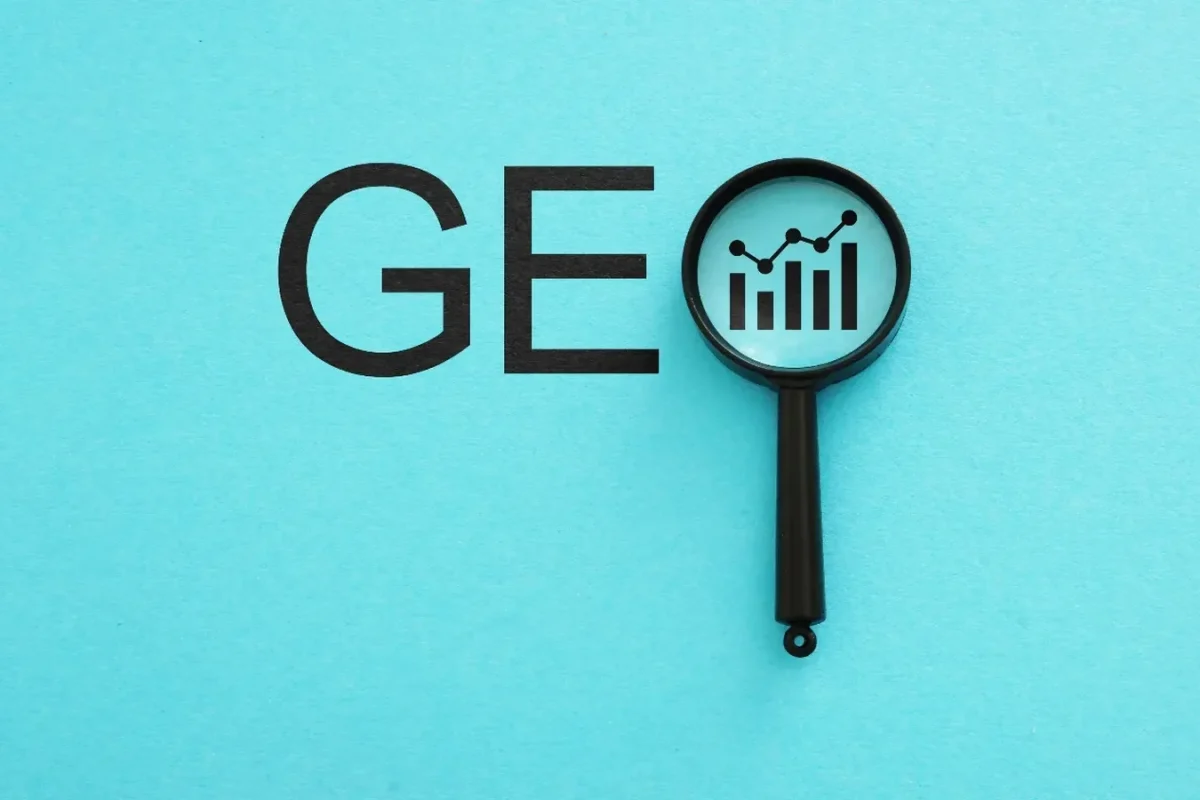 Lettres « GEO » dont le O est une loupe montrant un graphique en hausse, sur fond turquoise