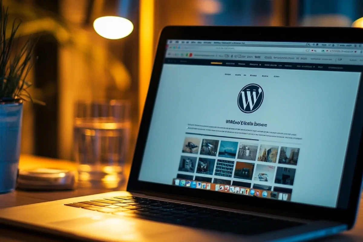 Ordinateur portable ouvert sur un site WordPress, posé sur un bureau éclairé par une lampe en soirée