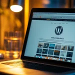 Ordinateur portable ouvert sur un site WordPress, posé sur un bureau éclairé par une lampe en soirée