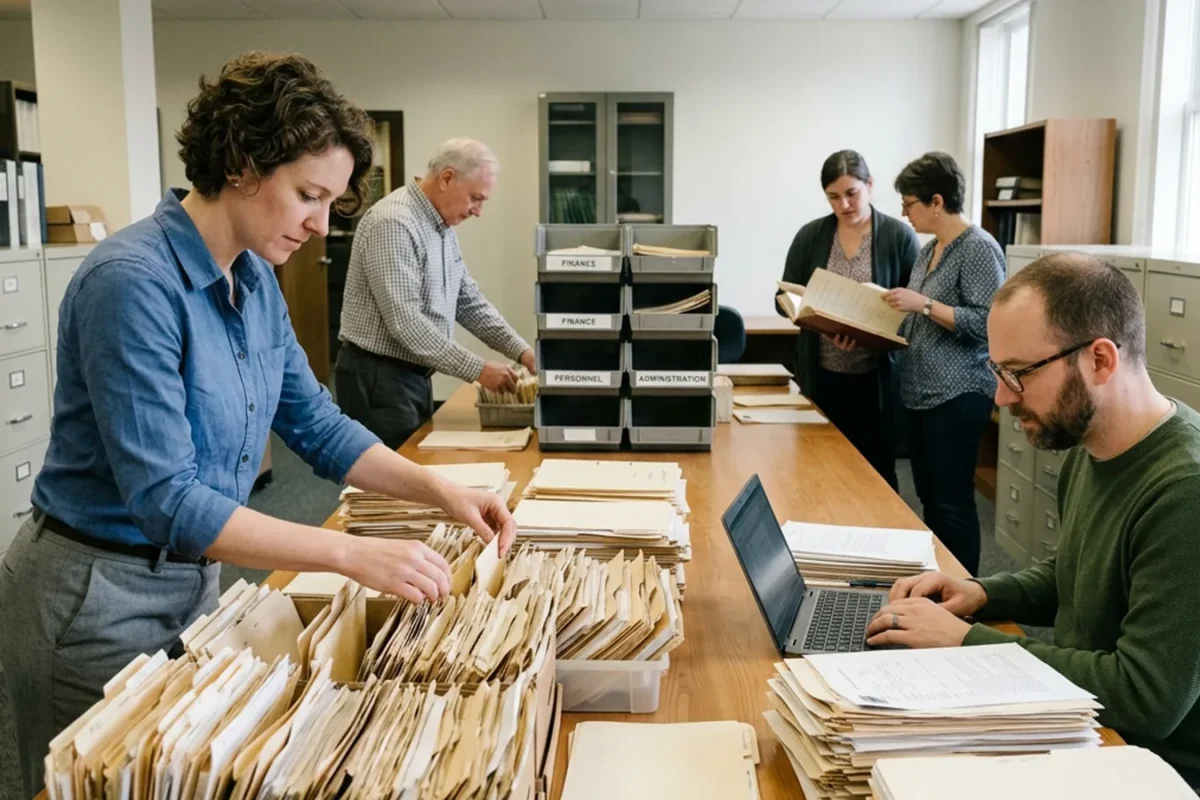Équipe triant des dossiers et du courrier papier sur une grande table de bureau