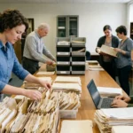Équipe triant des dossiers et du courrier papier sur une grande table de bureau