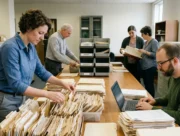 Équipe triant des dossiers et du courrier papier sur une grande table de bureau
