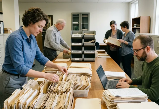 Équipe triant des dossiers et du courrier papier sur une grande table de bureau