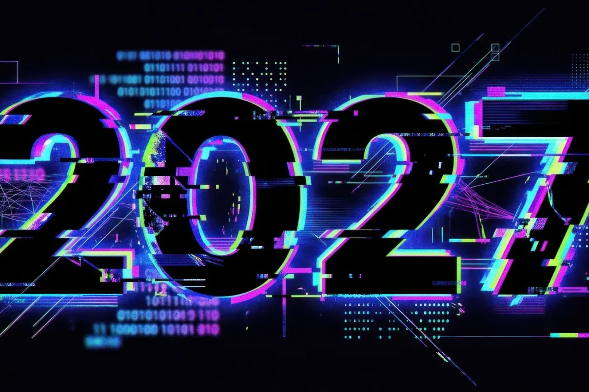 Chiffres 2027 en effet néon et glitch sur fond noir avec des motifs numériques
