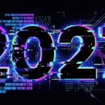Chiffres 2027 en effet néon et glitch sur fond noir avec des motifs numériques