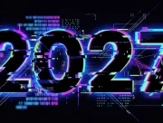 Chiffres 2027 en effet néon et glitch sur fond noir avec des motifs numériques