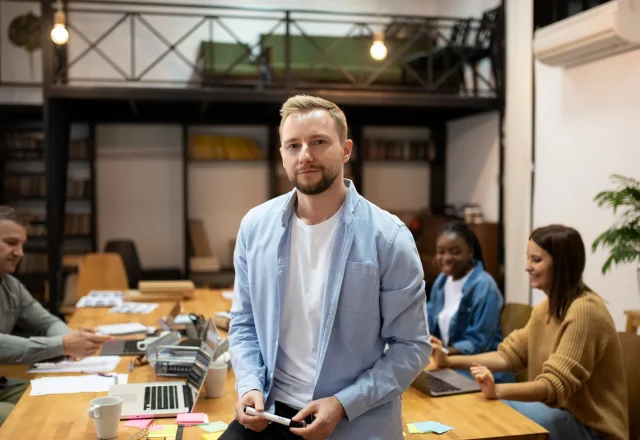 Responsable debout devant une table de réunion où travaille son équipe, un marqueur à la main
