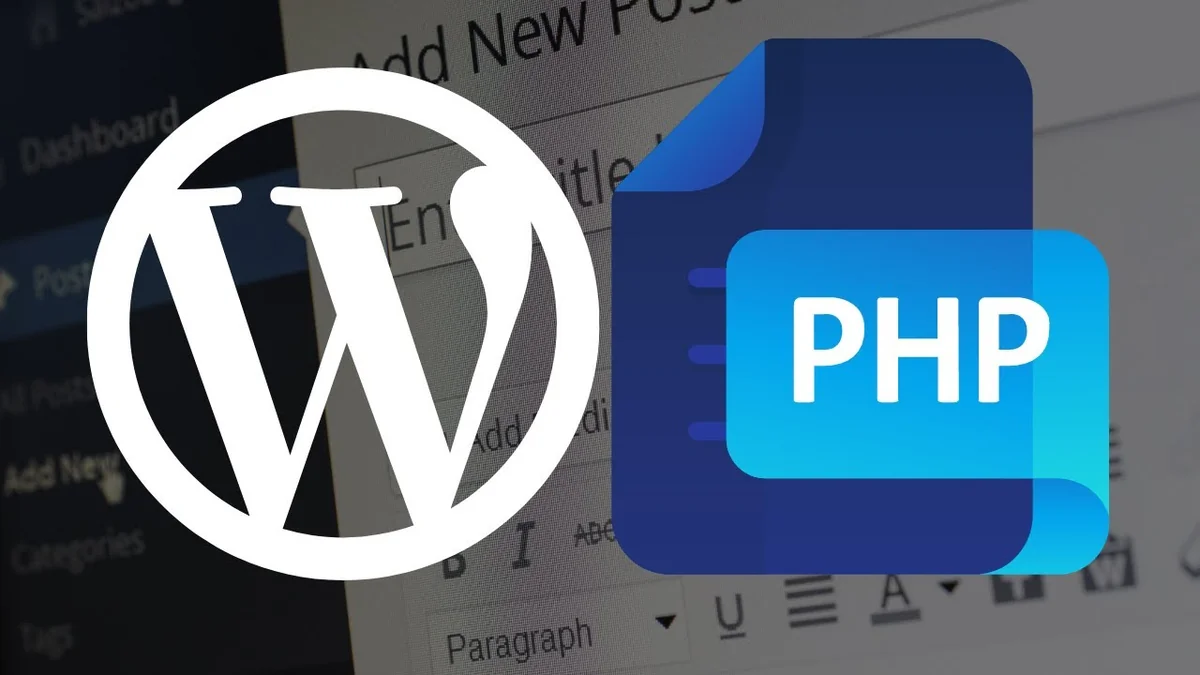 Logo WordPress à côté d'une icône de fichier PHP sur fond d'interface d'administration