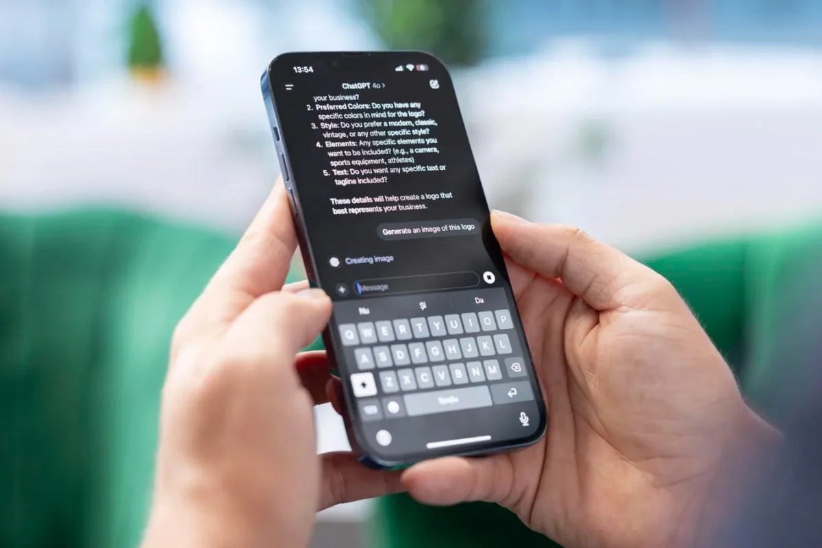 Mains tenant un smartphone affichant une conversation avec ChatGPT