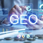 Tableaux de bord SEO et GEO en surimpression devant une personne utilisant un smartphone