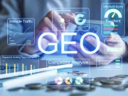 Tableaux de bord SEO et GEO en surimpression devant une personne utilisant un smartphone