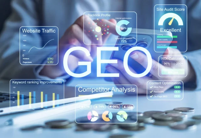 Tableaux de bord SEO et GEO en surimpression devant une personne utilisant un smartphone
