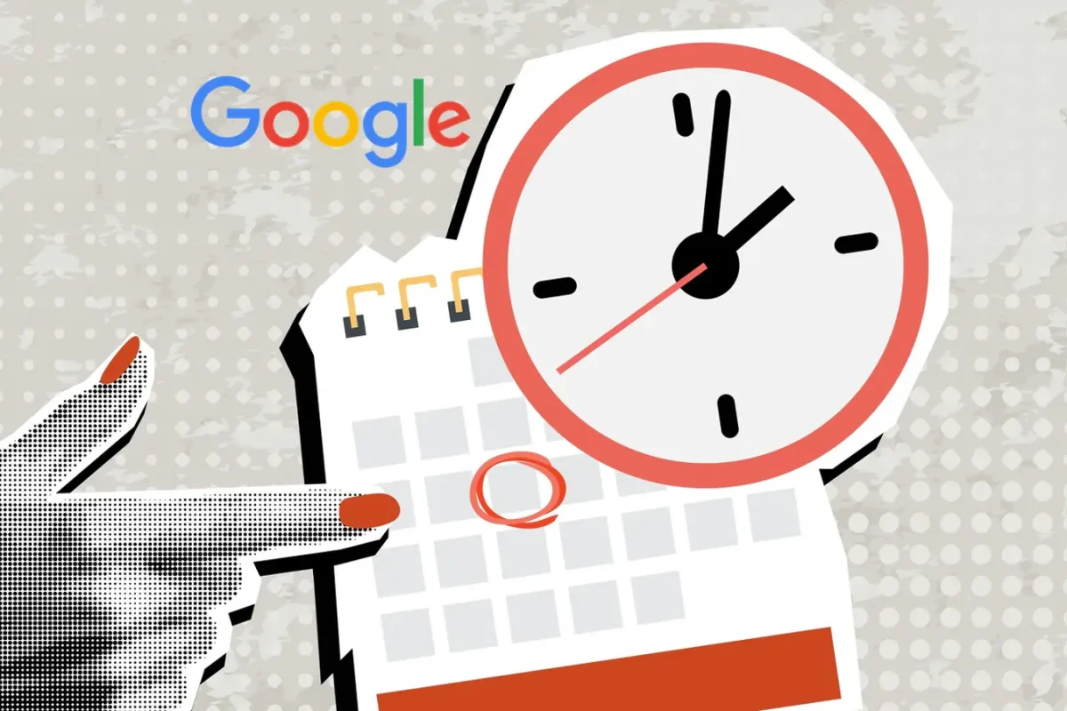 Logo Google, horloge et calendrier avec une date entourée, illustration du programme de Google pour les contenus UGC