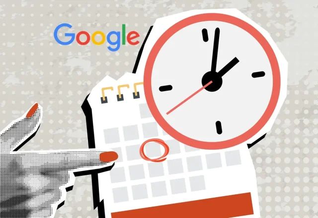 Logo Google, horloge et calendrier avec une date entourée, illustration du programme de Google pour les contenus UGC
