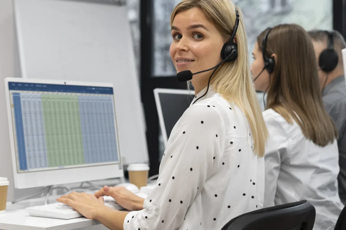Conseillère équipée d'un casque dans un centre d'appels, devant un tableau de suivi à l'écran