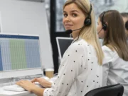 Conseillère équipée d'un casque dans un centre d'appels, devant un tableau de suivi à l'écran
