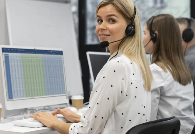 Conseillère équipée d'un casque dans un centre d'appels, devant un tableau de suivi à l'écran