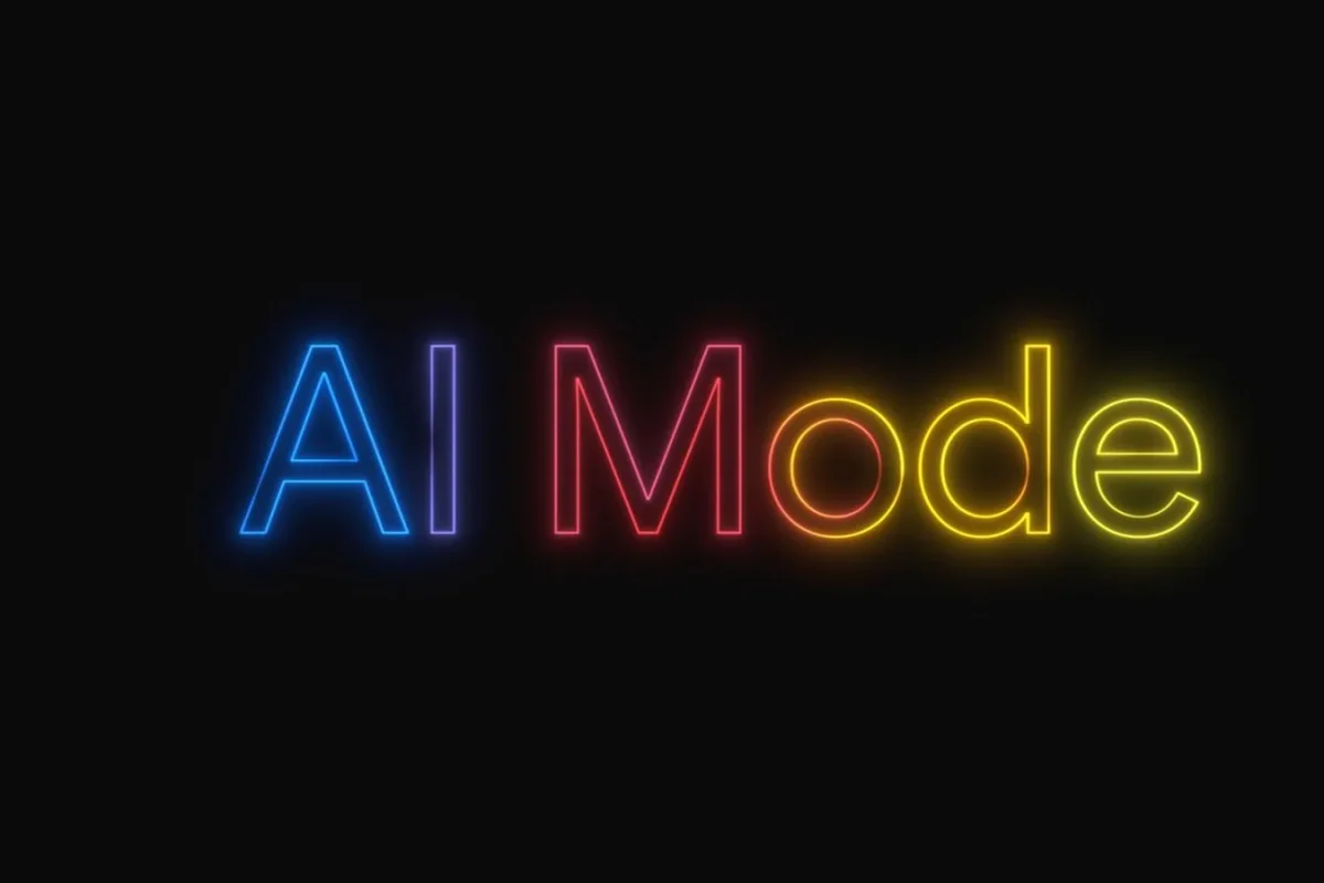 Inscription AI Mode en néon multicolore sur fond noir